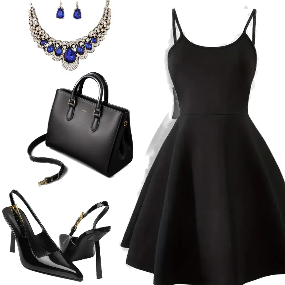 An A-line black dress as womens party clothing.