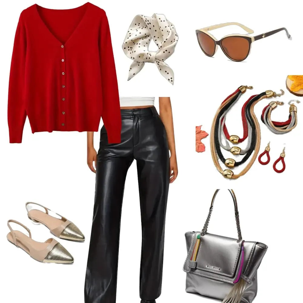 A red knit-sweater plus metallic faux pants for a winter going out outfit 