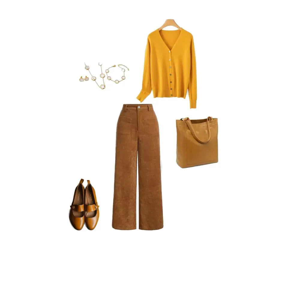 A brown wide-leg trousers and vibrant yellow sweater as an alternative to a christmas dress for a christmas party. 